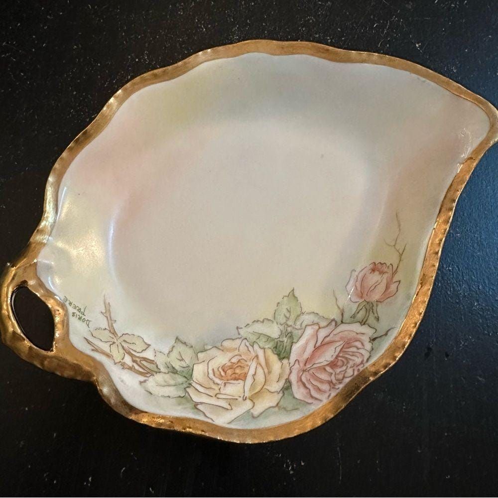 Limoges France Coronet K320 Gold Trim Floral Trinket Dish